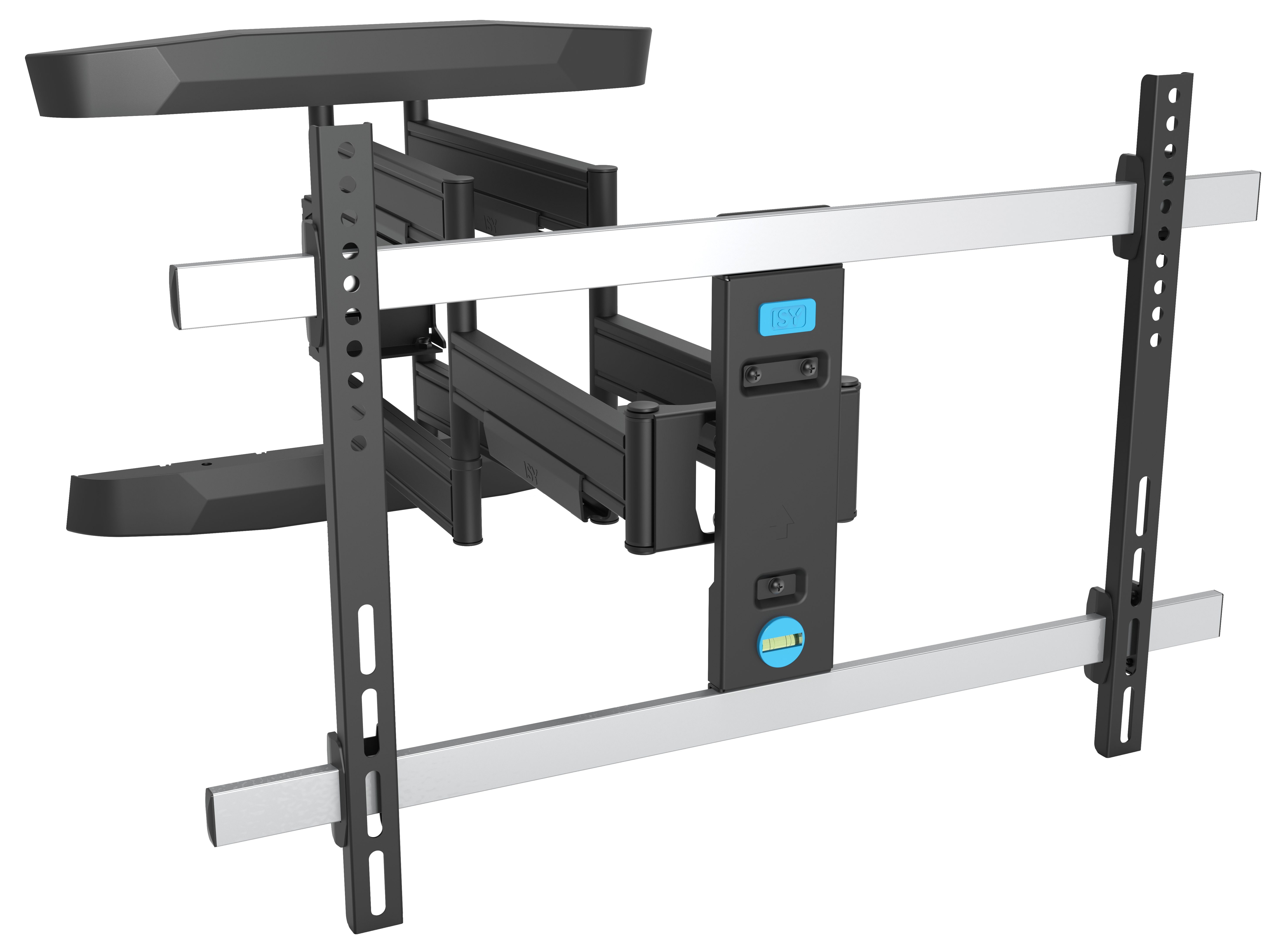 Czarny i srebrny uchwyt ścienny do telewizora. Posiada wiele regulowanych ramion i poziomych prętów.