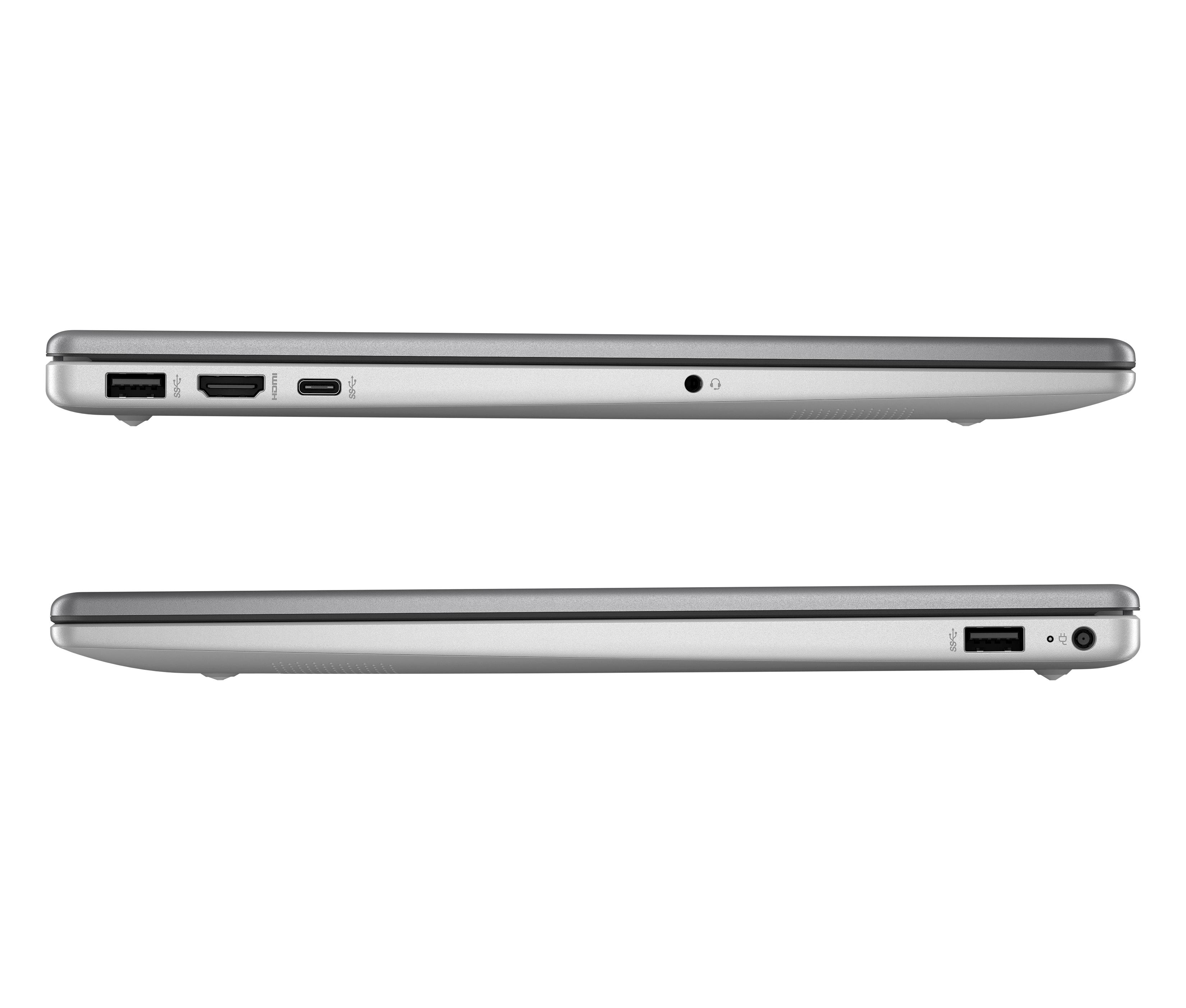 Seitenansicht eines silbernen Laptops. Oben: USB, HDMI, USB-C, Audioanschluss. Unten: USB, Stromanschluss.