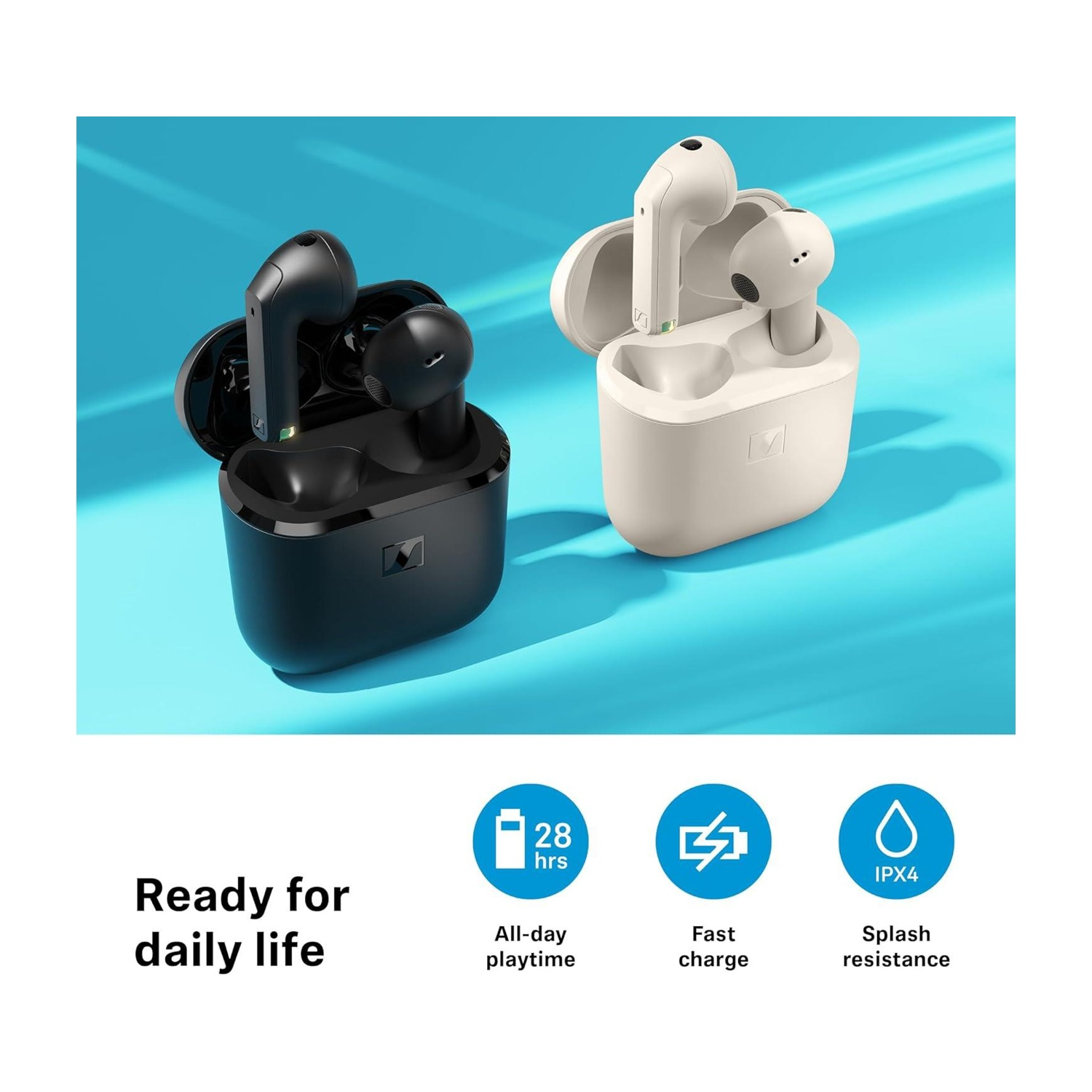 L'immagine mostra auricolari wireless bianchi e neri nelle loro custodie. Le caratteristiche includono autonomia di un'intera giornata, ricarica rapida e resistenza agli spruzzi.