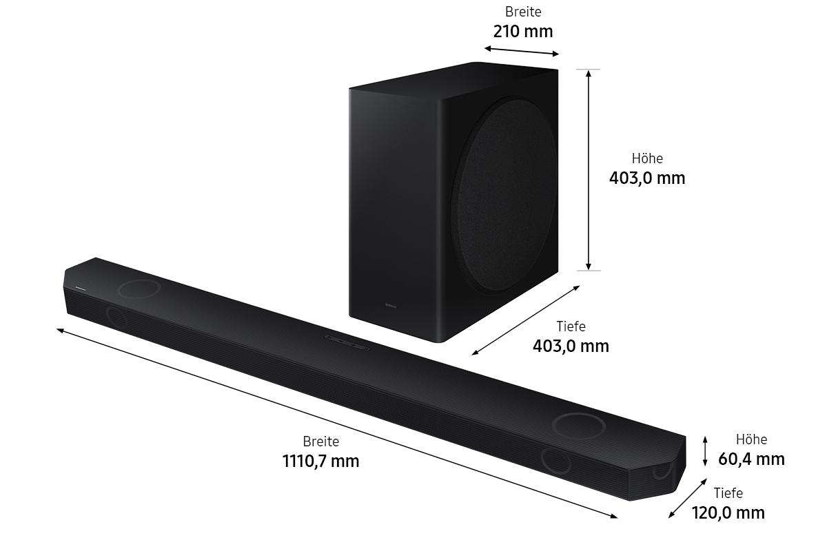 Eine schwarze Soundbar und ein Subwoofer. Abmessungen sind beschriftet: Soundbar 1110,7 mm Breite, 60,4 mm Höhe, Subwoofer 210 mm Breite, 403 mm Höhe und Tiefe.
