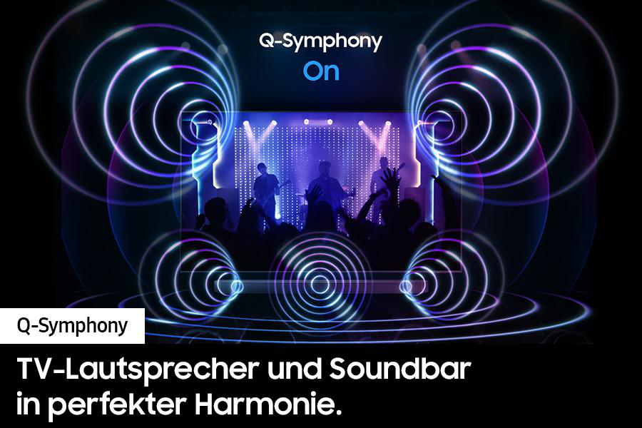 Das Bild zeigt ein Konzert mit visuellen Soundwellen. Der Text lautet 'Q-Symphony On' und 'TV-Lautsprecher und Soundbar in perfekter Harmonie'.