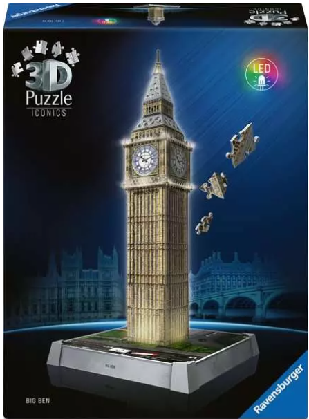 Eine 3D-Puzzle-Box zeigt Big Ben mit schwebenden Puzzleteilen. Die Box hat einen blauen Hintergrund und das Ravensburger-Logo.