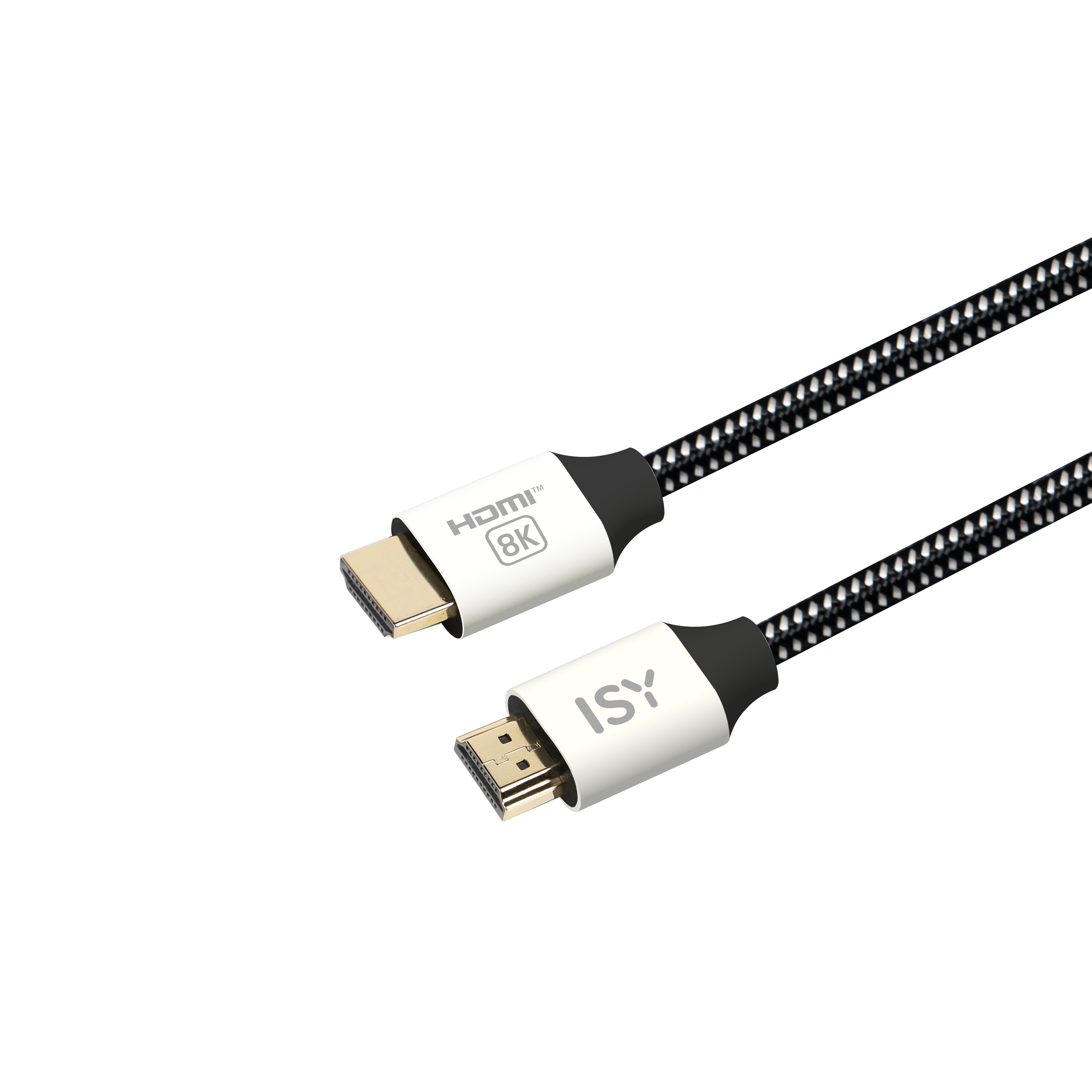 Kabel HDMI. Złącza są złote. Kabel jest czarno-biały. Tło jest białe.
