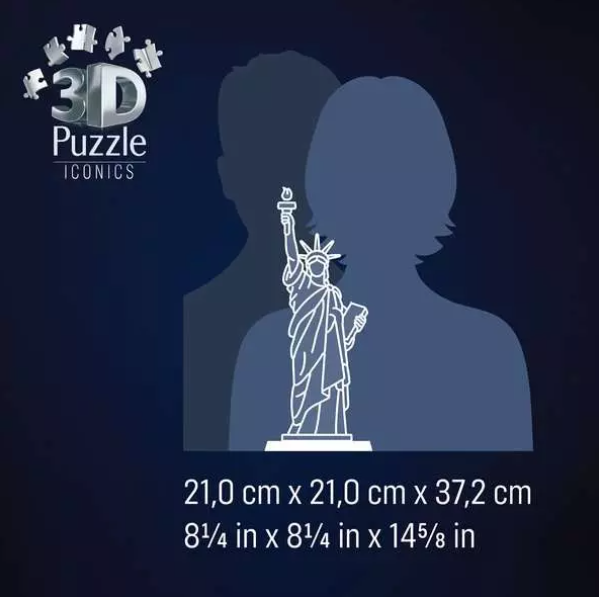 Das Bild zeigt ein 3D-Puzzle der Freiheitsstatue. Silhouetten von Personen befinden sich im Hintergrund, mit Abmessungen unter der Statue.