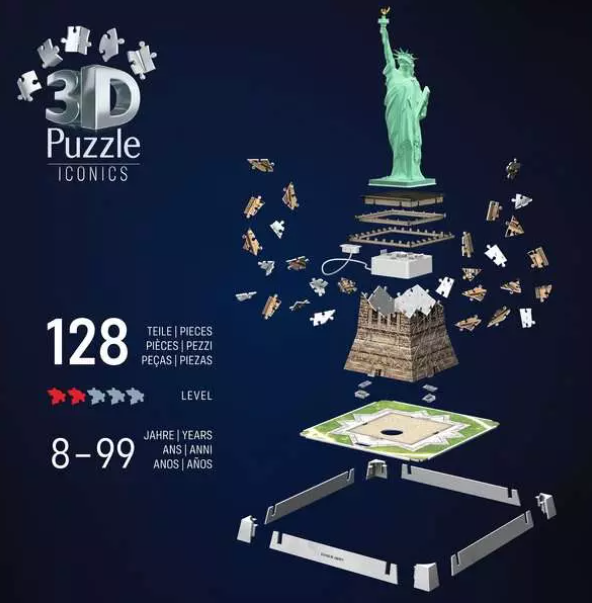 Ein 3D-Puzzle der Freiheitsstatue wird zerlegt dargestellt. Das Bild enthält Puzzleteile, Sockel und Altersangaben.