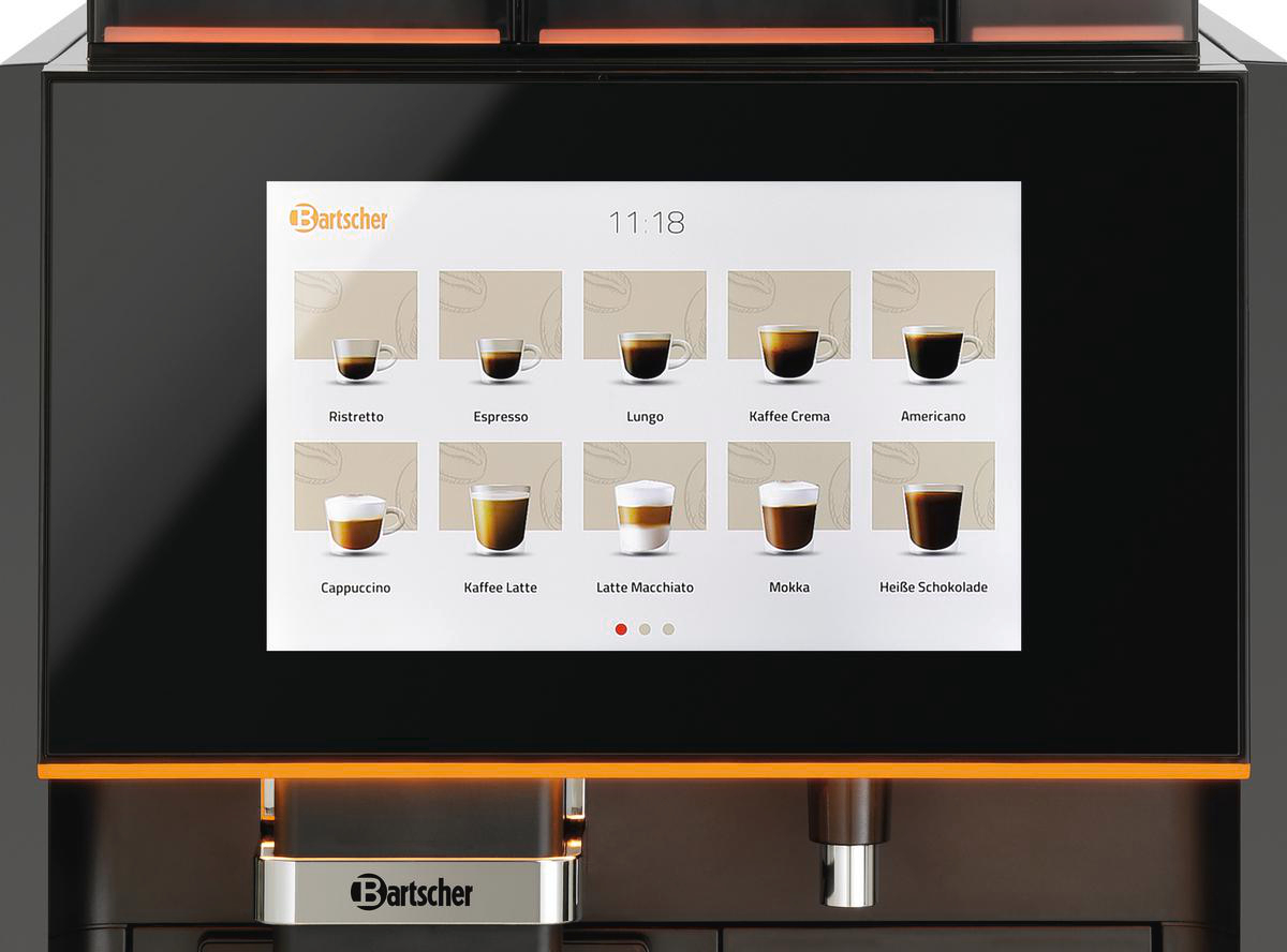 Kaffeeautomaten-Display mit Kaffeesorten: Ristretto, Espresso, Lungo, Kaffe Crema, Americano, Cappuccino, usw.