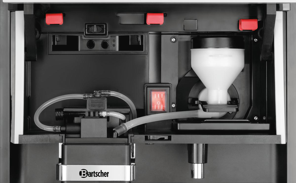 Nahaufnahme des Inneren einer Kaffeemaschine. Merkmale: weißer Wasserbehälter, schwarze Komponenten, rote Schalter und transparente Schläuche.