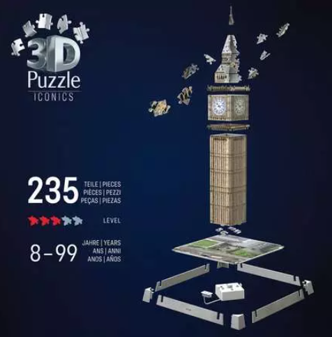 Ein 3D-Puzzle von Big Ben, das zusammengesetzt wird. Es hat 235 Teile, Level 4, für Kinder von 8-99 Jahren. Teile schweben um den Turm.
