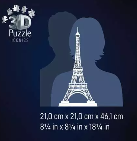 Das Bild zeigt den Eiffelturm in den Silhouetten zweier Figuren, mit Produktdetails und Abmessungen unten.