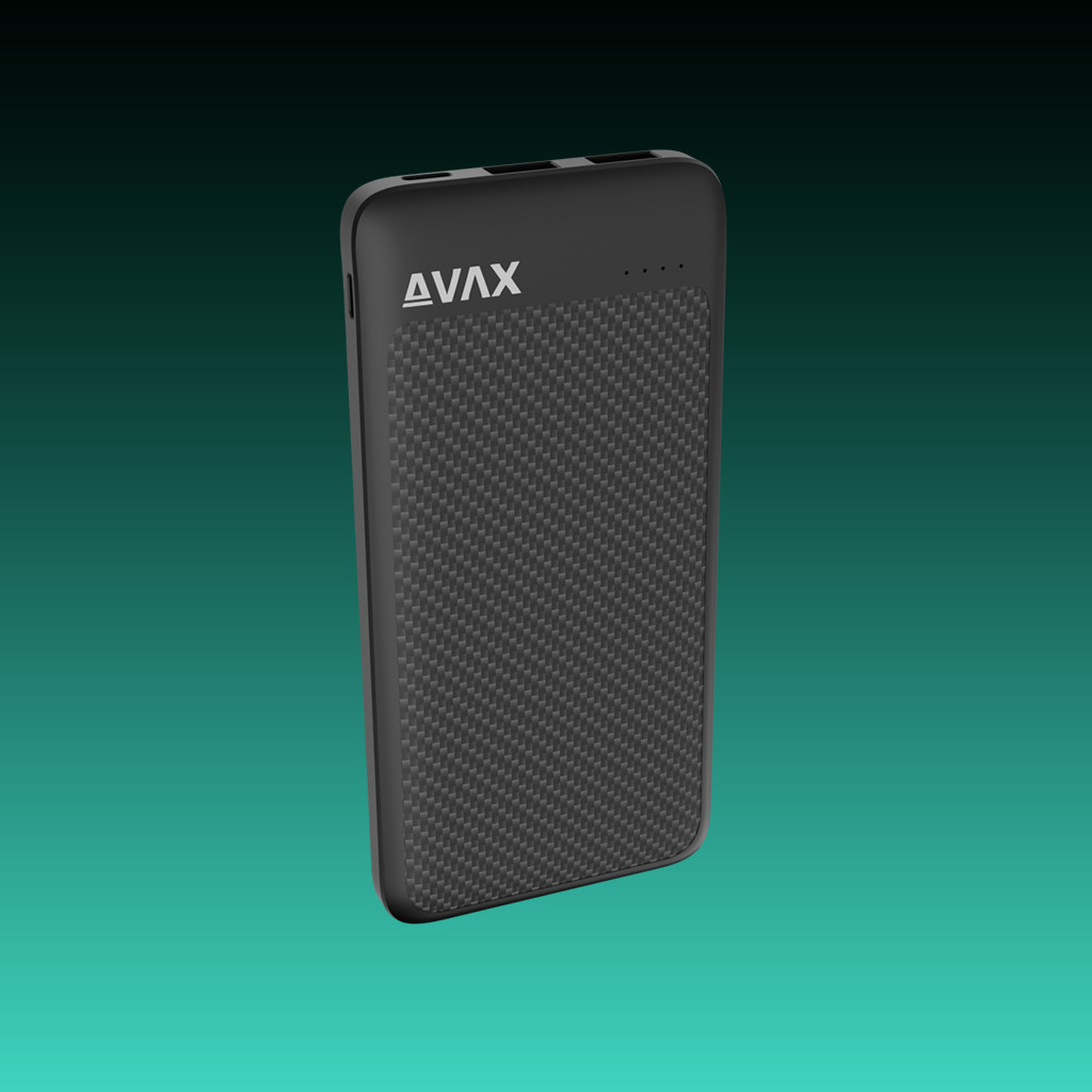 Egy fekete power bank szénszálas dizájnnal, az AVAX logóval és türkiz háttérrel.