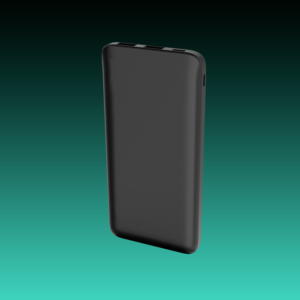 Egy fekete power bank egy türkiz zöld színátmenetes háttér előtt. A power bank sima, téglalap alakú, lekerekített élekkel.