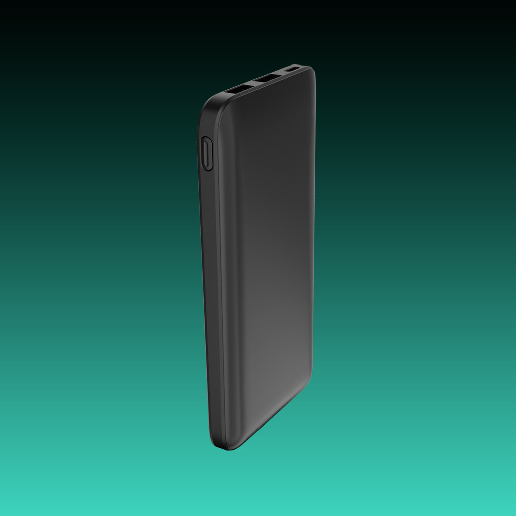 Egy fekete power bank egy türkiz színátmenetes háttér előtt. Egy gomb és több port található a felső élén.