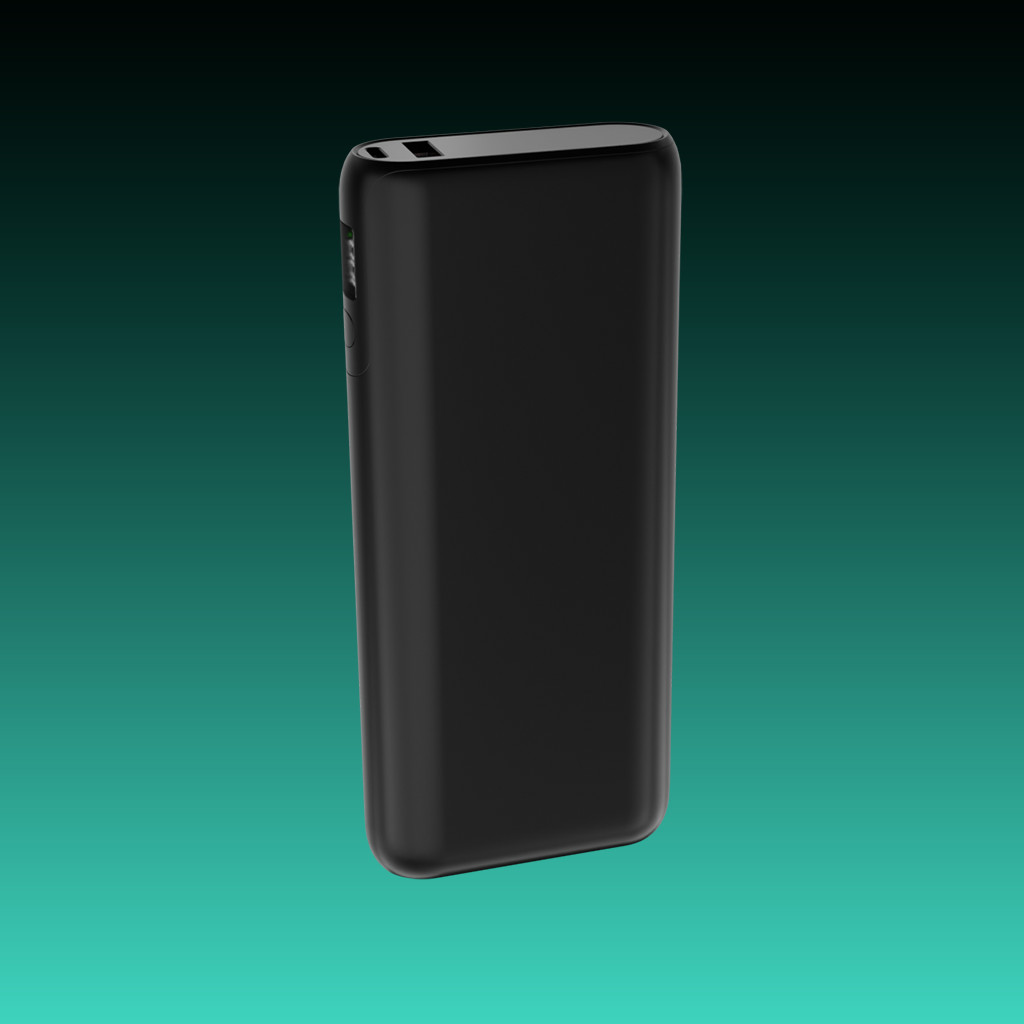 Egy fekete power bank egy türkiz-zöld színátmenetes háttér előtt. A power bank téglalap alakú, lekerekített élekkel.
