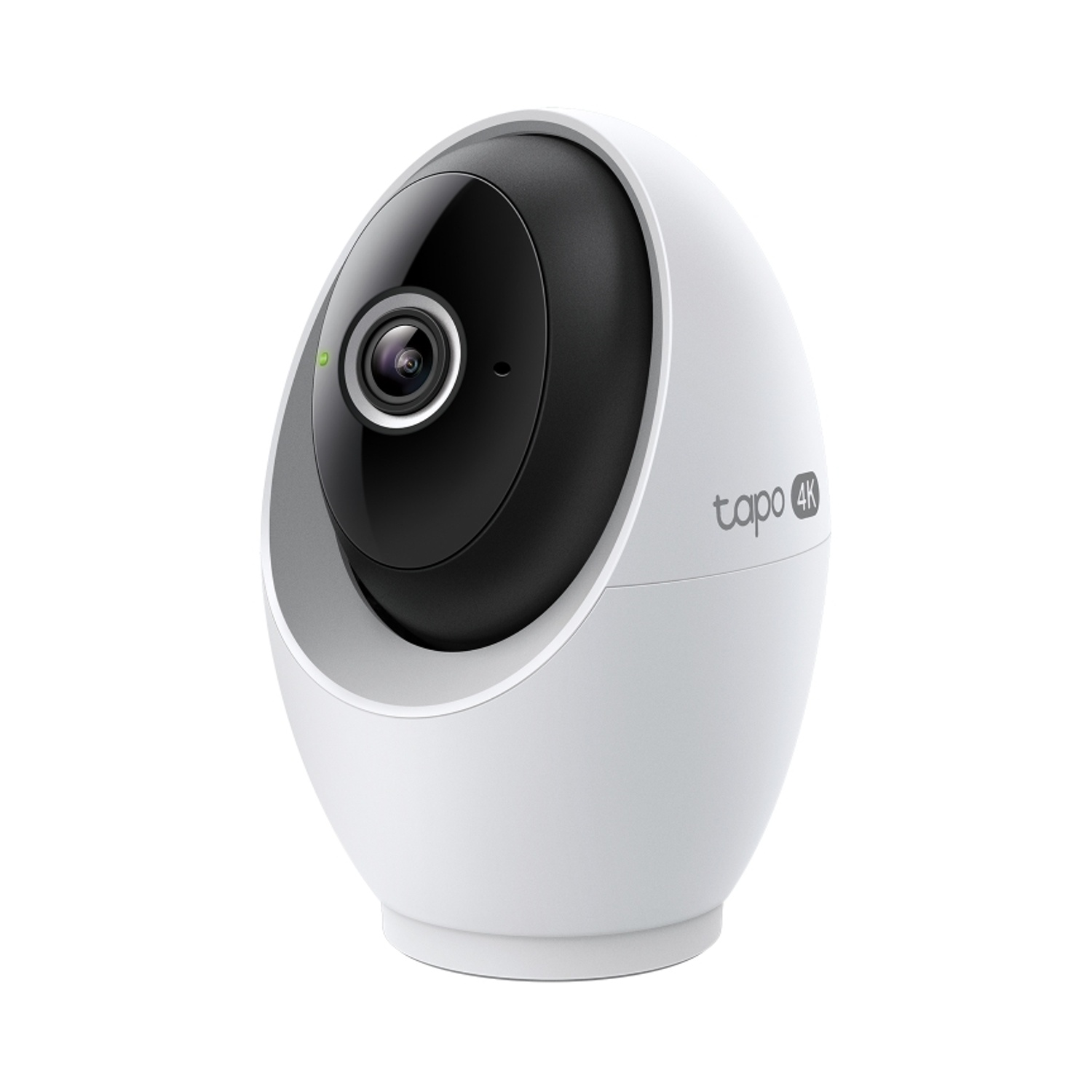 Una telecamera di sicurezza bianca e nera. La telecamera ha un obiettivo nero e una base bianca, con il logo 'tapo 4k'.