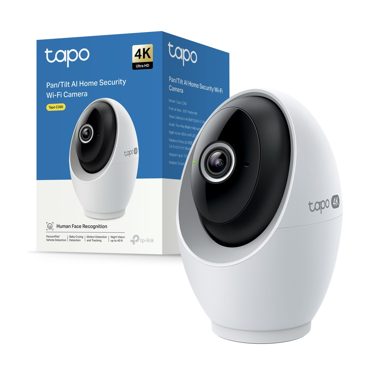 Una telecamera di sicurezza Tapo bianca con obiettivo nero è esposta accanto alla sua scatola, che mostra caratteristiche e specifiche.