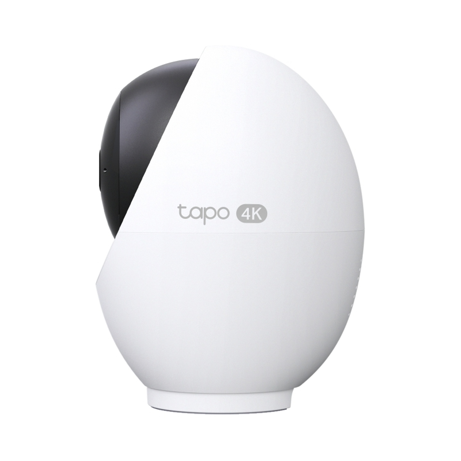 Una telecamera di sicurezza bianca e nera. Ha il marchio 'tapo 4K'. È su uno sfondo bianco.