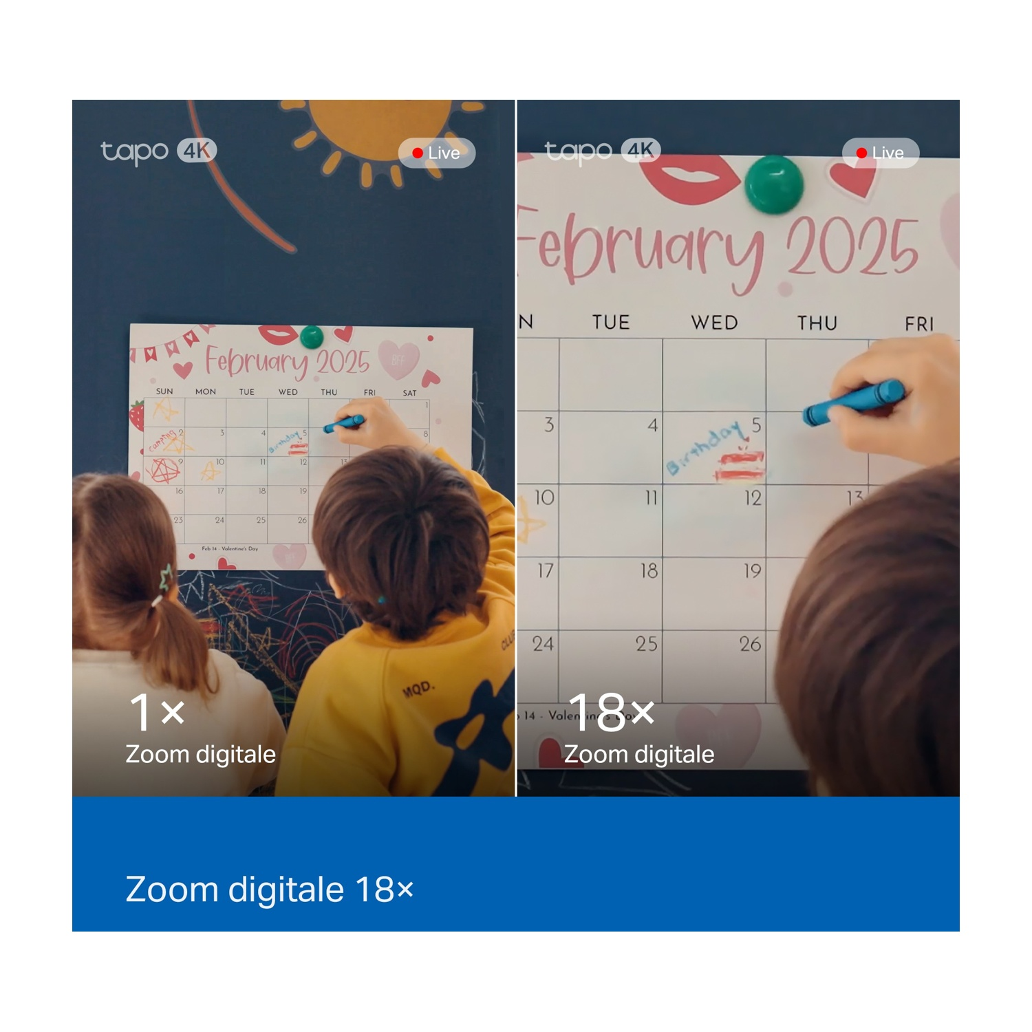 Bambini vicino a un calendario di febbraio 2025. Uno ci sta scrivendo sopra. Il calendario ha decorazioni a forma di sole e cuore.