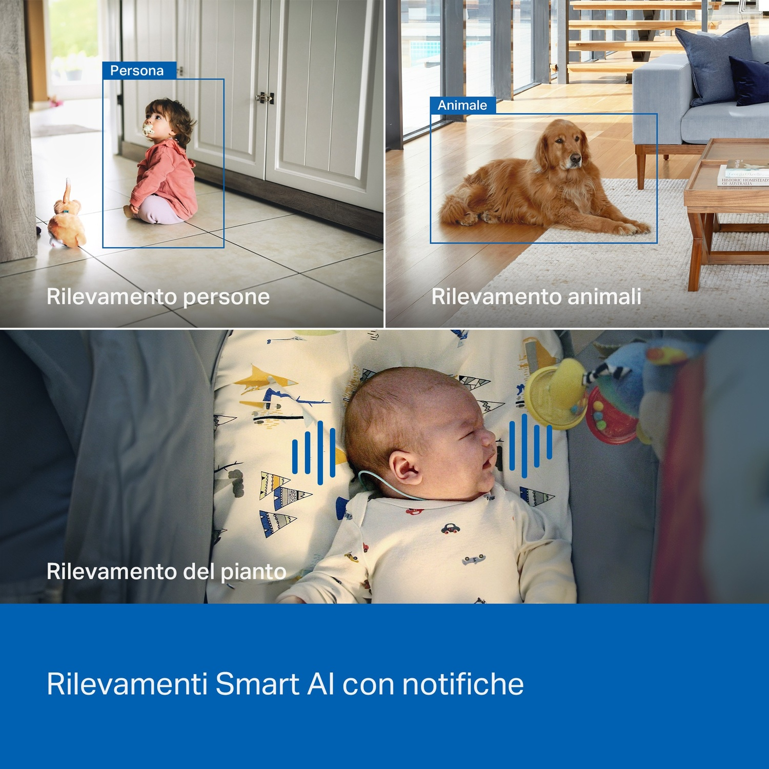 L'immagine mostra un bambino, un cane e un bambino che piange, con etichette per la rilevazione di persone, animali e pianto, promuovendo notifiche AI intelligenti.