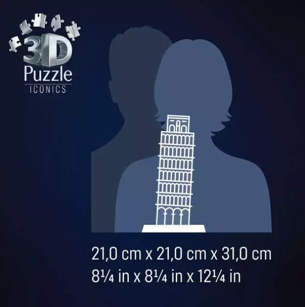 Das Bild zeigt eine Silhouette mit einem Puzzle des schiefen Turms von Pisa. Text enthält Puzzledetails und Abmessungen in cm und Zoll.