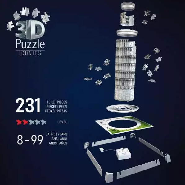 Ein 3D-Puzzle des Schiefen Turms von Pisa, Explosionsansicht. Enthält Puzzleteile, Sockel und Altersangaben.