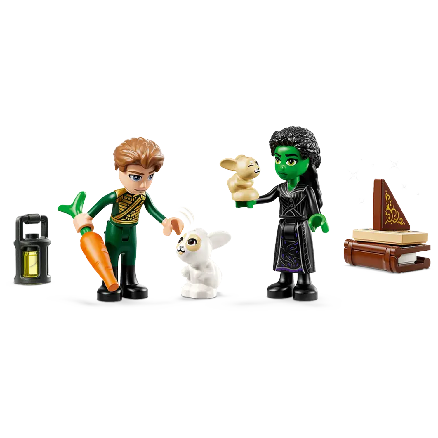 Lego set with three figures, a lantern, two rabbits, a book, and a carrot. One figure has green skin and the other has brown hair.