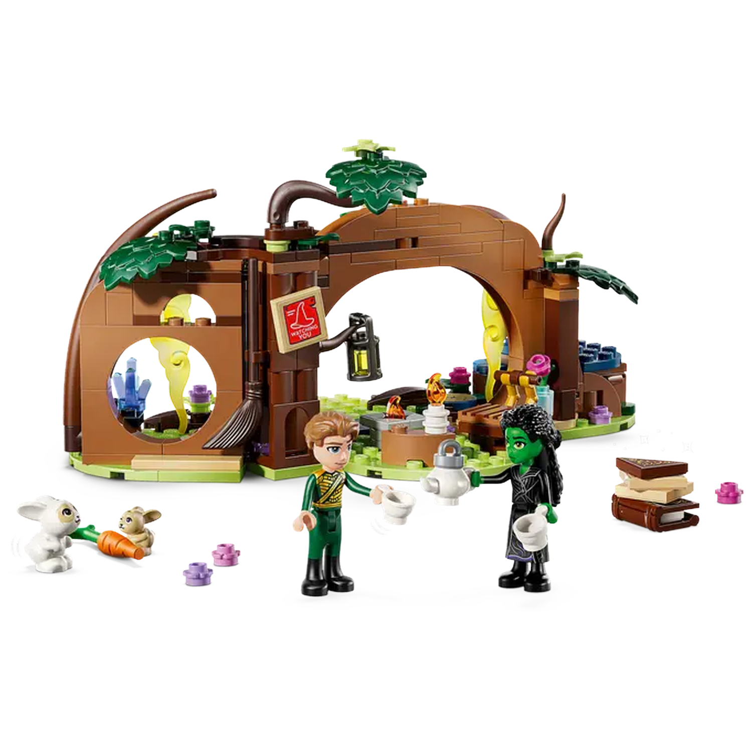 Lego set depicting a scene with two minifigures, a rabbit, a carrot, a treehouse, and various accessories.