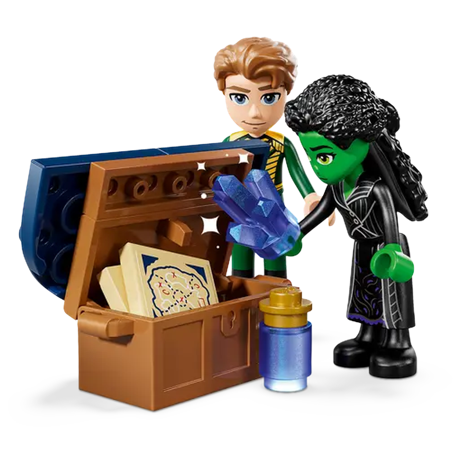 Lego scene with two figures and a treasure chest. Includes a map, blue crystal, and potion. One figure is green, the other is brown haired.