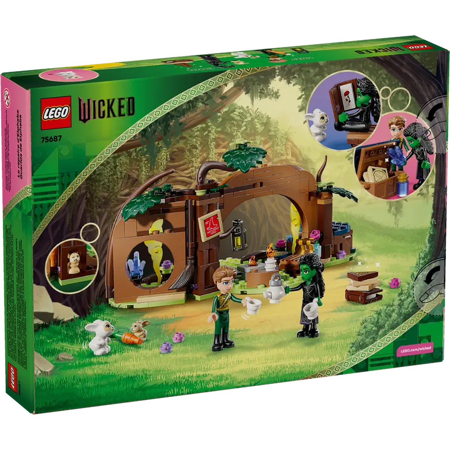 Lego Wicked box set. Scene includes figures, rabbits, a treehouse, and various other objects, set in a forest environment.