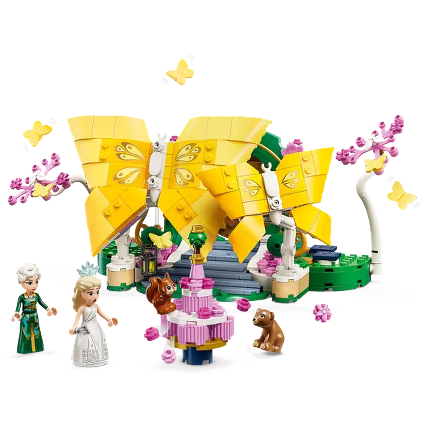 A Lego set with yellow butterfly wings, figures, a pink and white cake, and a bear. Butterflies are scattered around the scene.