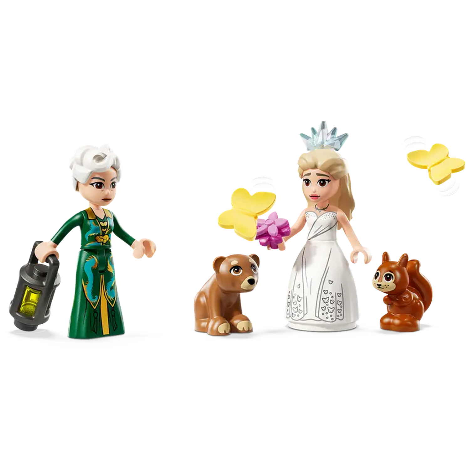 Lego set with two figures, a bear, a squirrel, and butterflies. One figure holds a lantern.
