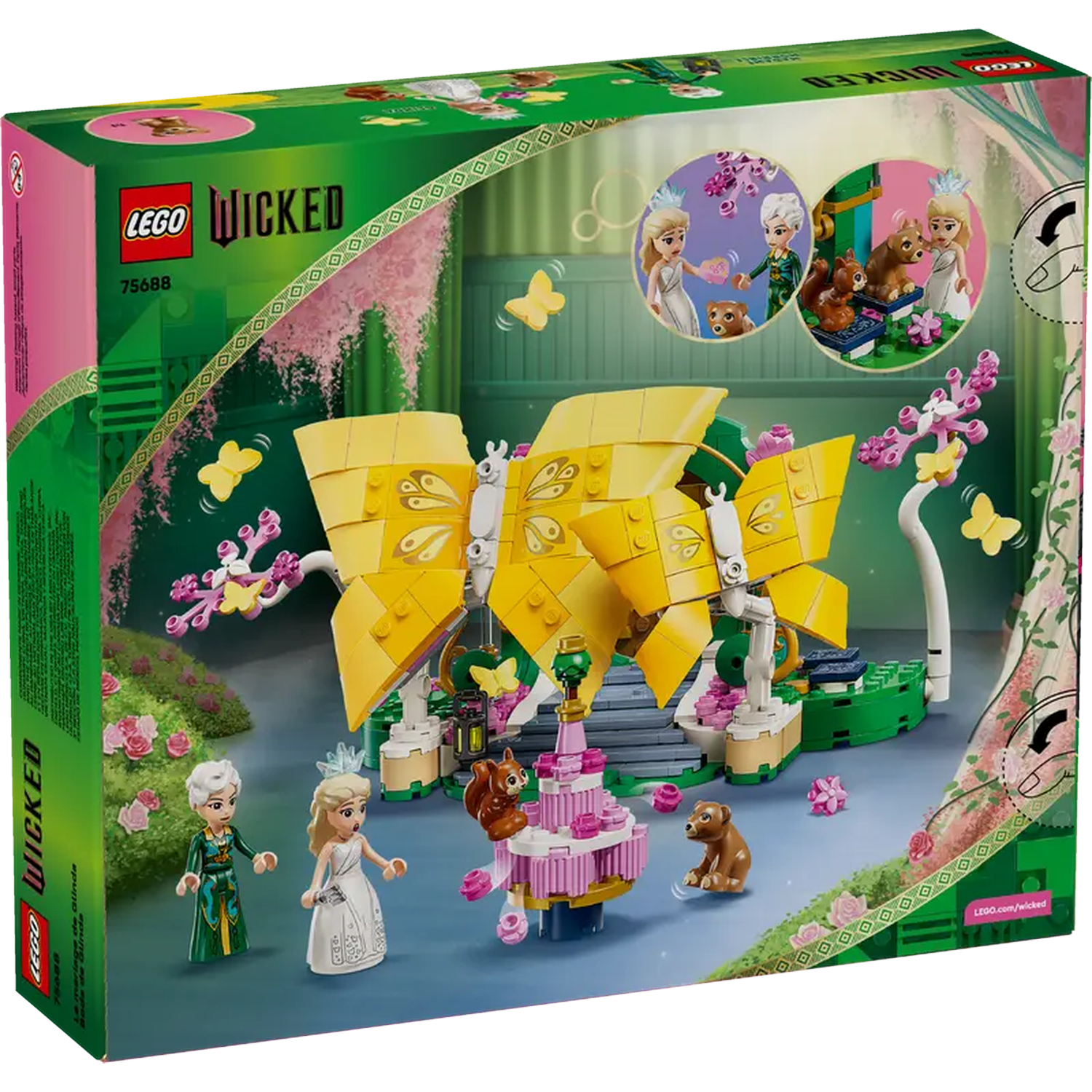 Lego Wicked box with figures, yellow butterfly, pink and green garden scene, and two circular inset images.