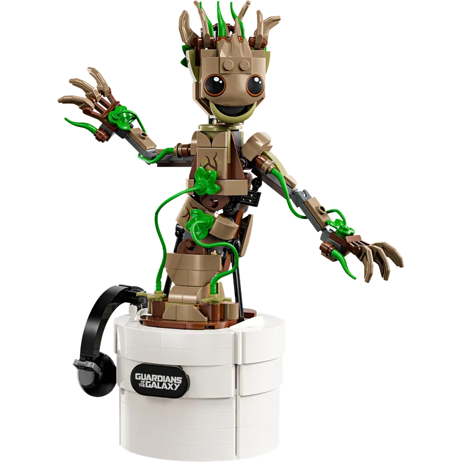 Lego Groot figure, brown and green, in a white pot with headphones. The figure has arms outstretched. Logo for Guardians of the Galaxy.