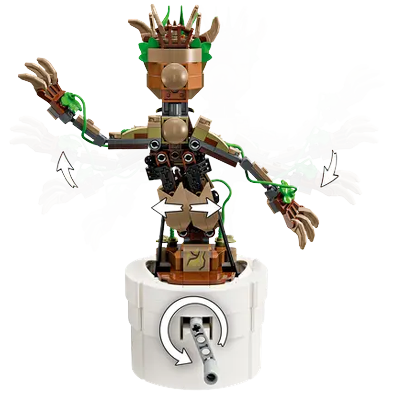 A Lego Groot figure with articulated arms, surrounded by motion blur, is in a white pot. Arrows show the movement.