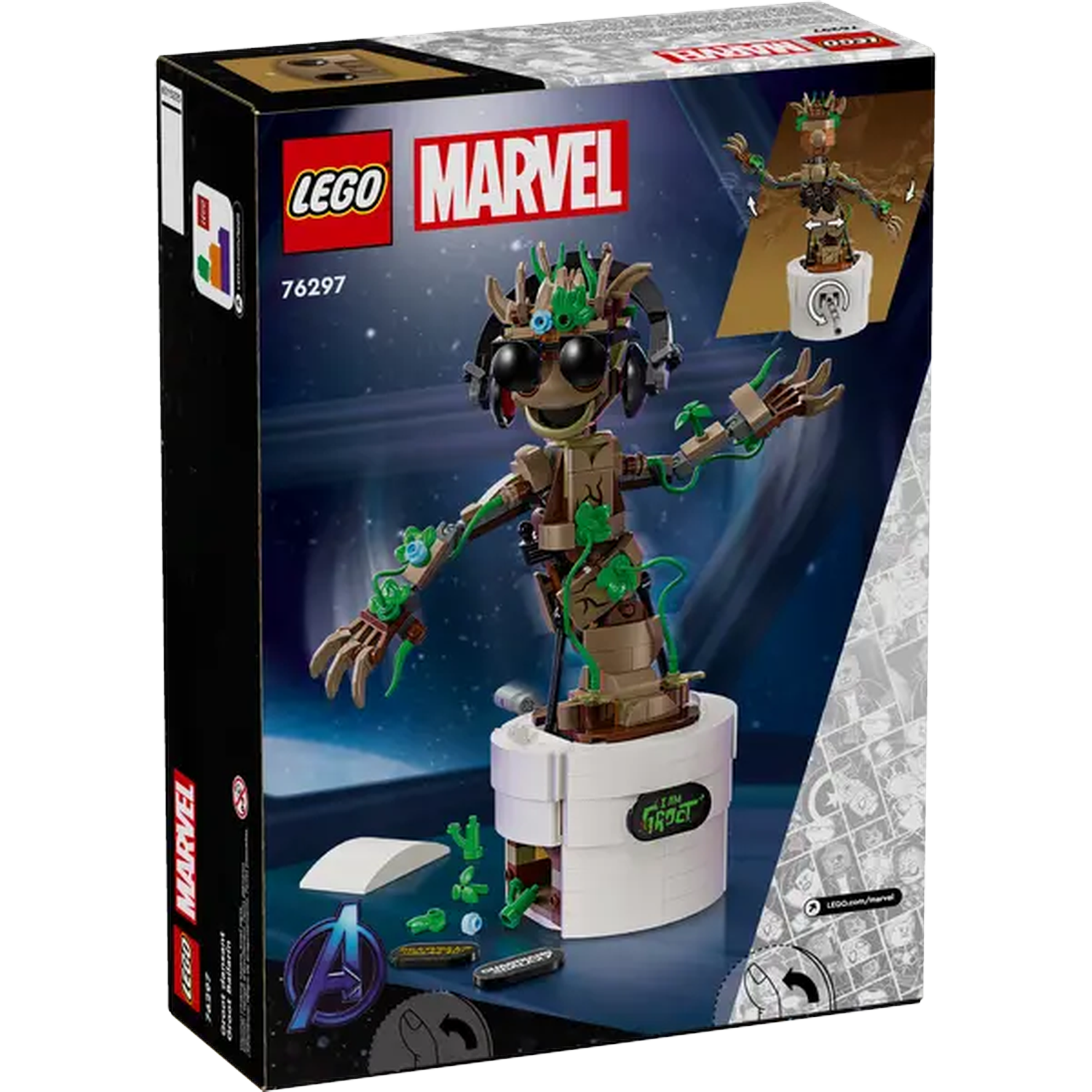 Lego Marvel set featuring Groot. The box shows a Groot figure with sunglasses. The set has a white base and green details.