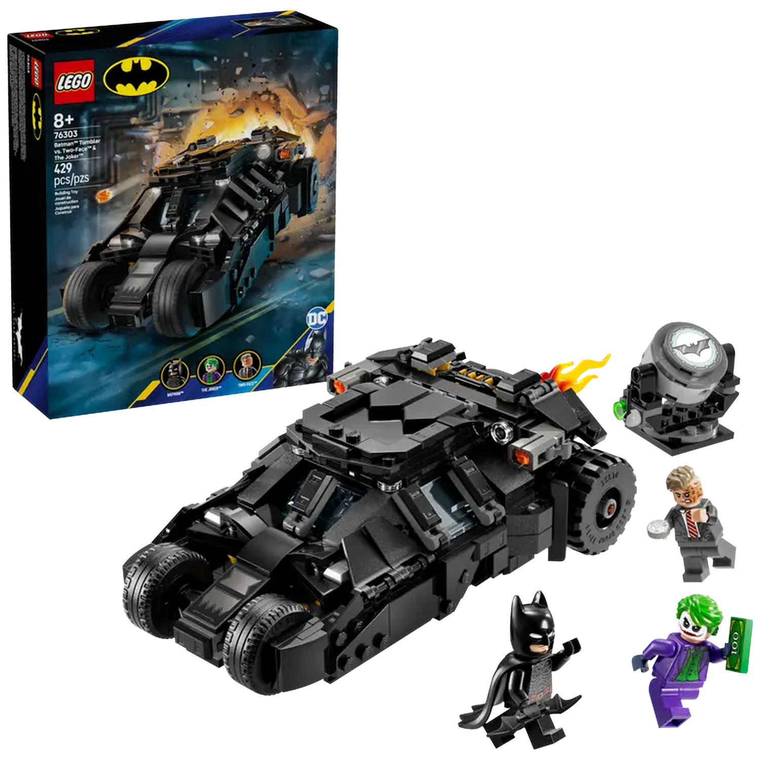 Lego set with Batman Tumbler, Two-Face, and Joker figures. Includes the Tumbler vehicle, a spotlight, and a Lego box.