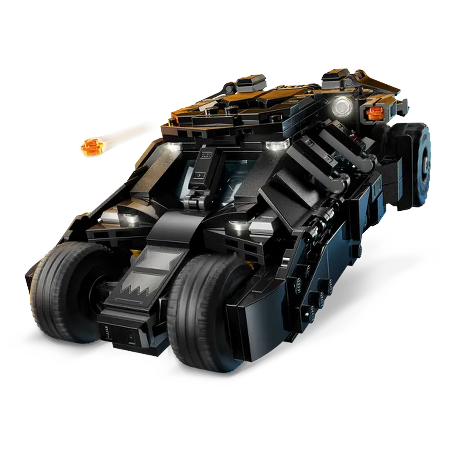 A black Lego Tumbler, a Batman vehicle, with large wheels and a cannon firing a light beam. It sits against a white backdrop.