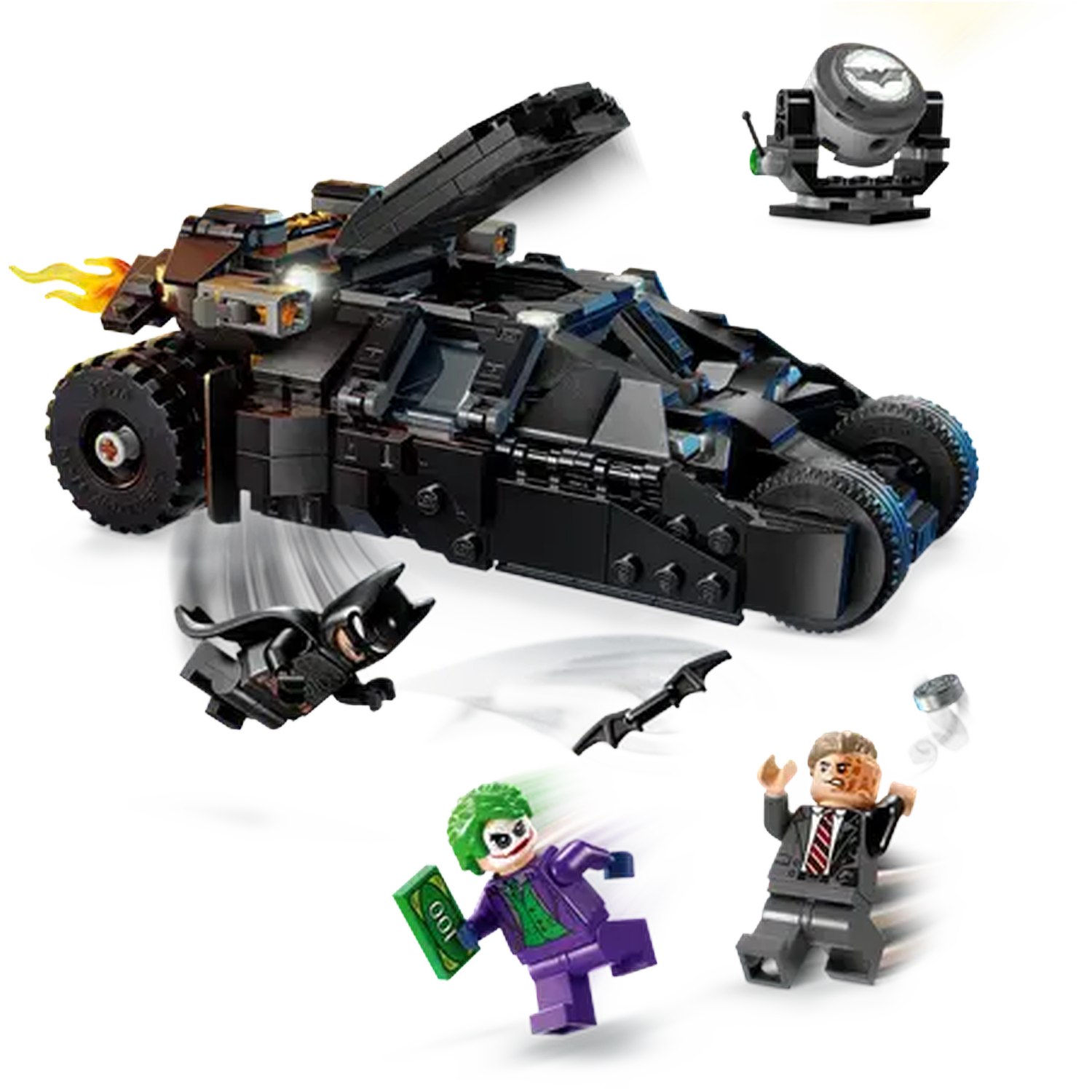 Lego Batman set with Batmobile, Batman, Joker, Two-Face, and Bat-Signal. Action scene with villains and hero. Black vehicle.