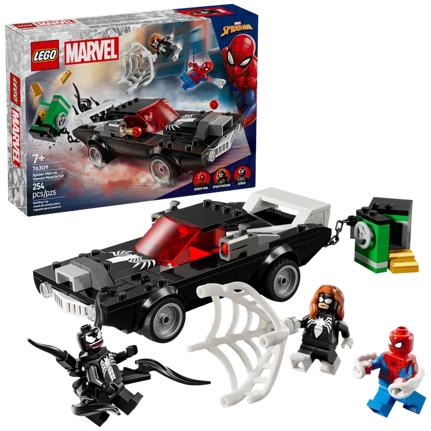 Lego Marvel set featuring Spider-Man, Venom, and Spider-Woman. Includes a black muscle car and a green structure.