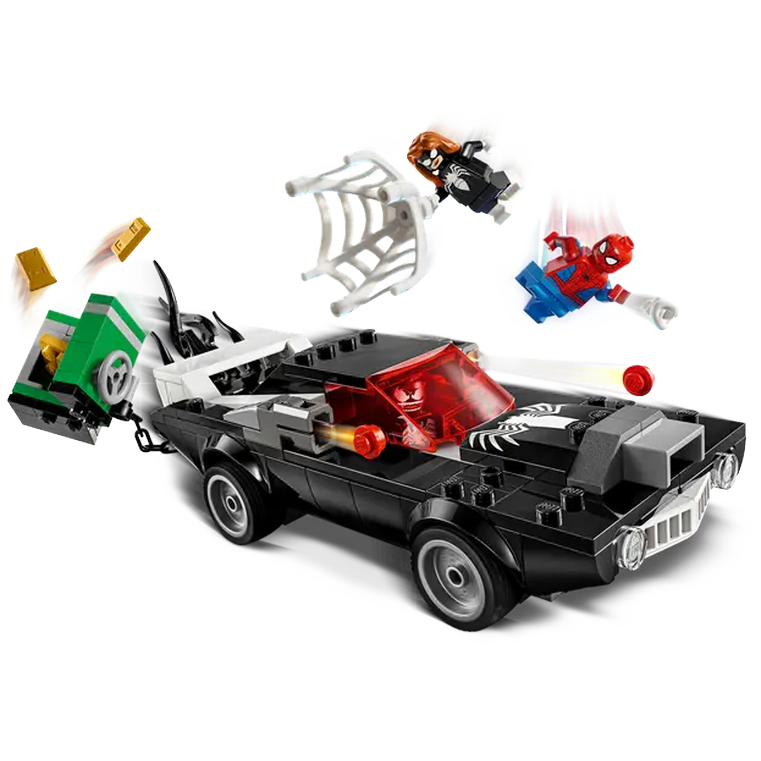 Lego set with a black car, Spider-Man and Black Widow figures. Car has a green trailer and web. Figures in action.