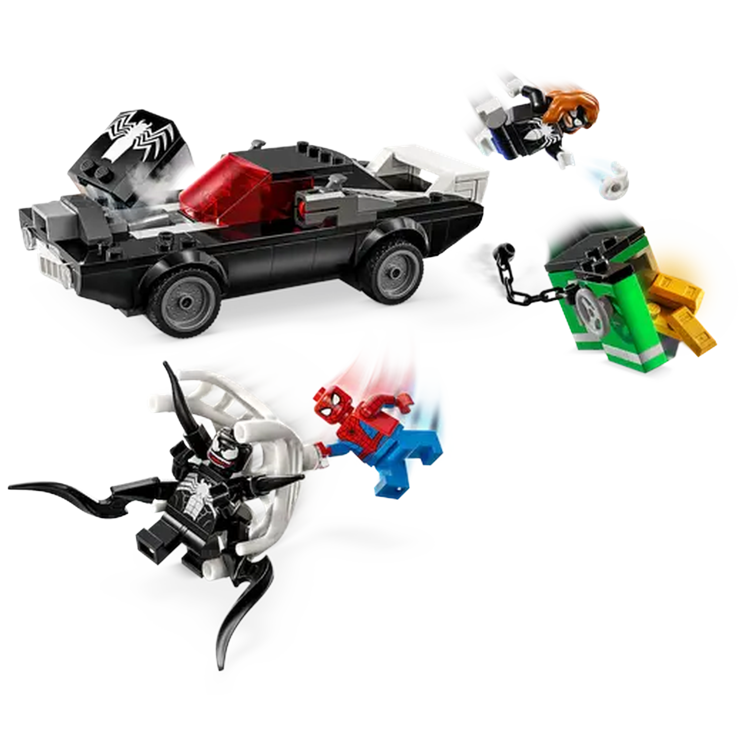 Lego set depicting a black car, Venom, Spider-Man, Black Cat, and a green structure with gold bars. All in action.