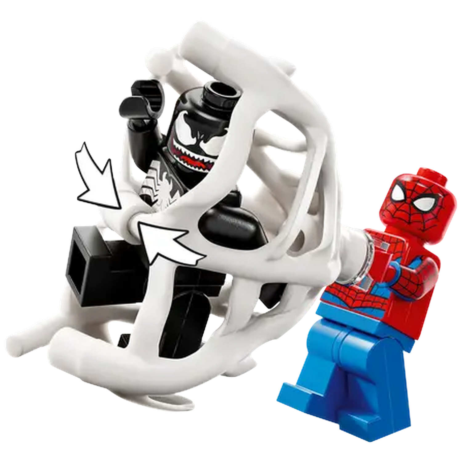 Venom Lego figure in a white cage is facing Spider-Man. Spider-Man is in a fighting position. Arrows point towards the figures.