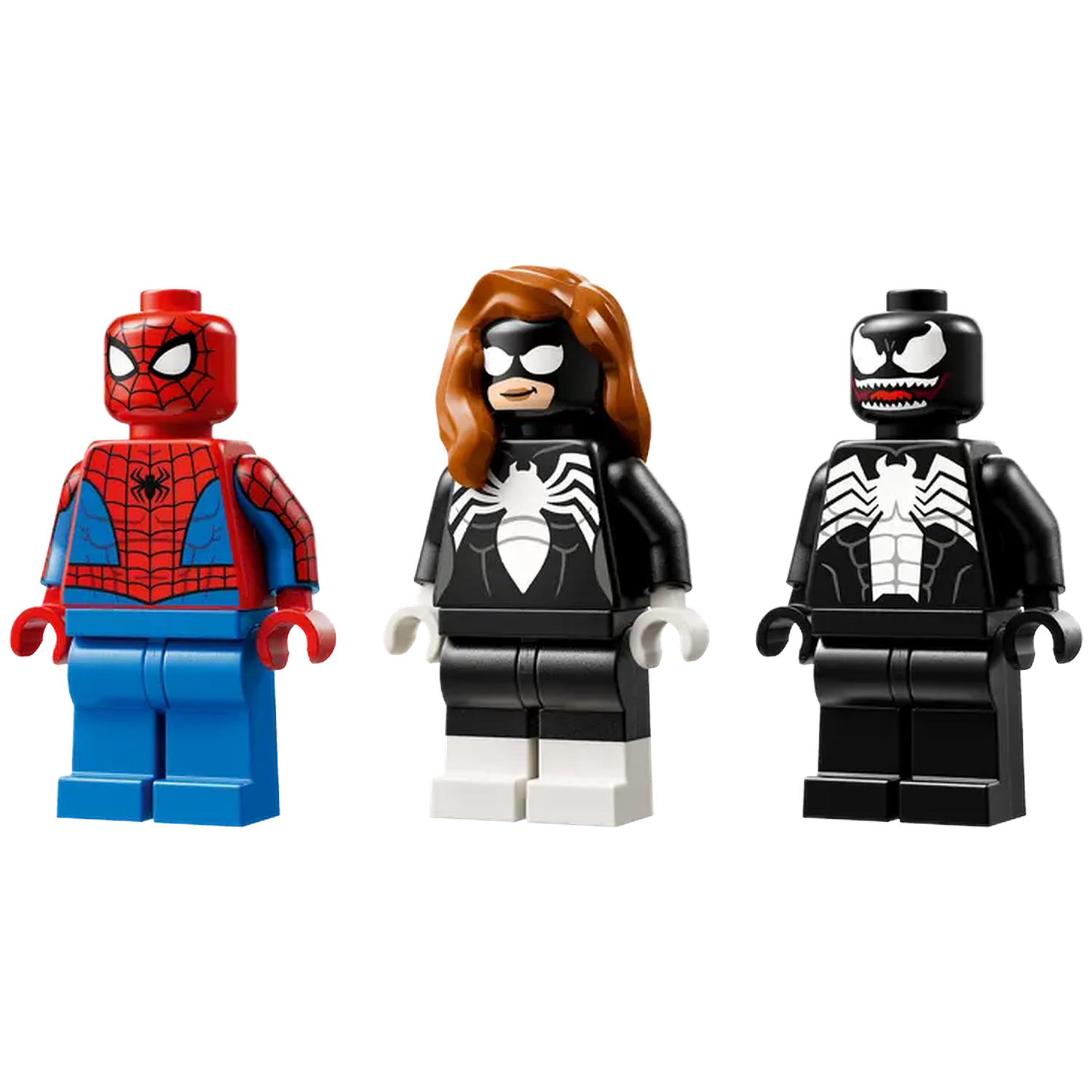 Three Lego figures: Spider-Man, Spider-Woman, and Venom. Spider-Man has red and blue. Spider-Woman is black. Venom is black and white.