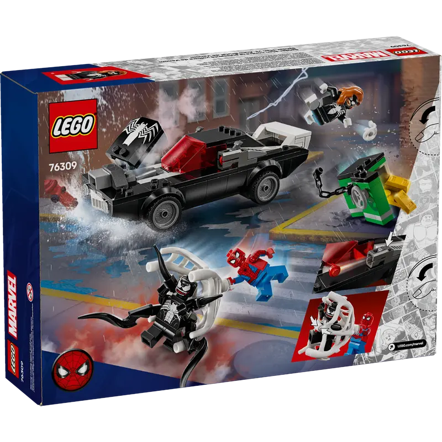 Lego Marvel set box. Features a black car, Spider-Man and Venom minifigures, and buildings in the background. Rain effect.