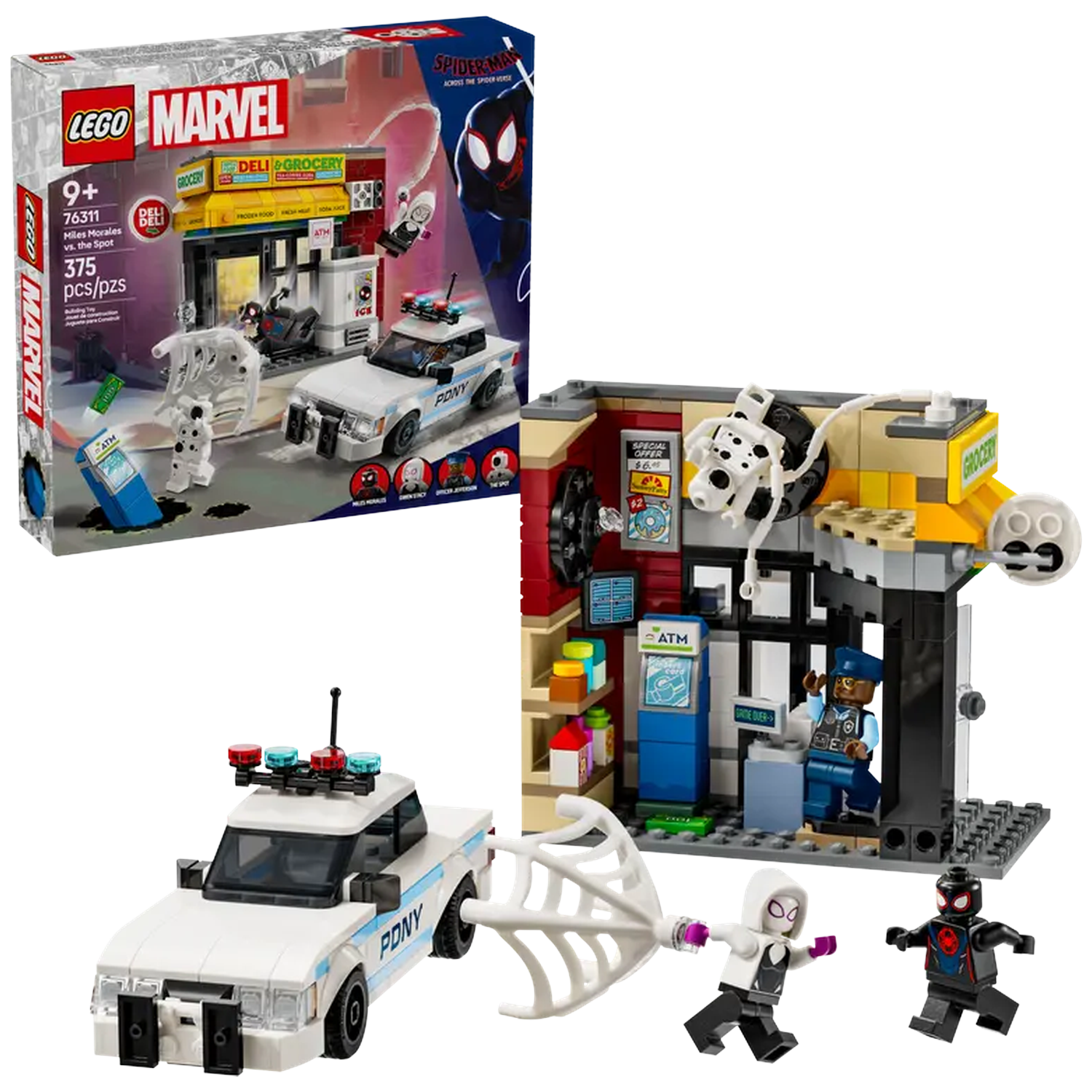 Lego Marvel set. White police car, deli and grocery store, Spider-Man and Miles Morales figures. A building set with many details.