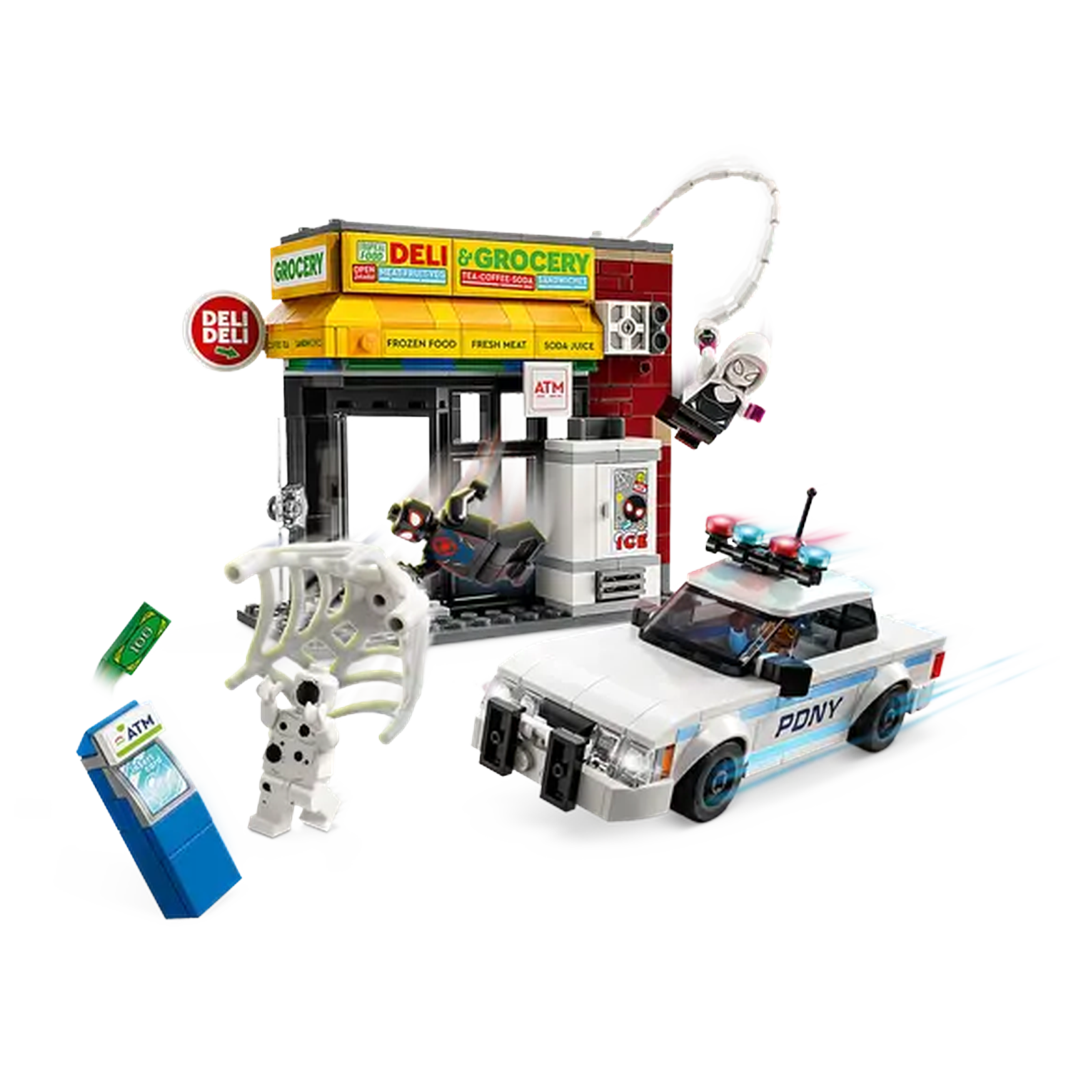 Lego set with a deli, police car, and Spider-Man figures. Includes ATM, a skeleton, and other figures in a dynamic action scene.