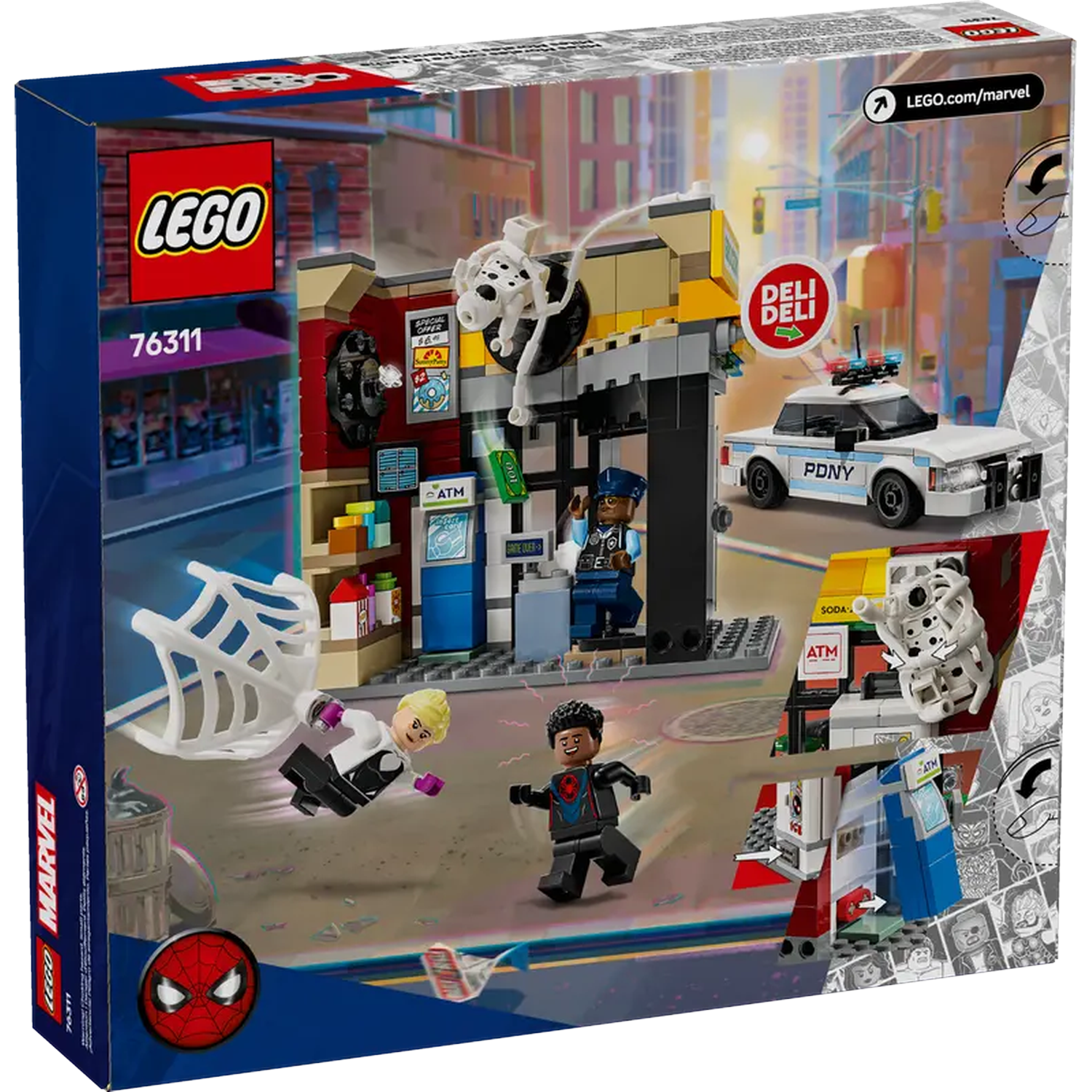 Lego box set depicts a city scene with Spider-Man characters, a police car, and a deli. Includes web and ATM.
