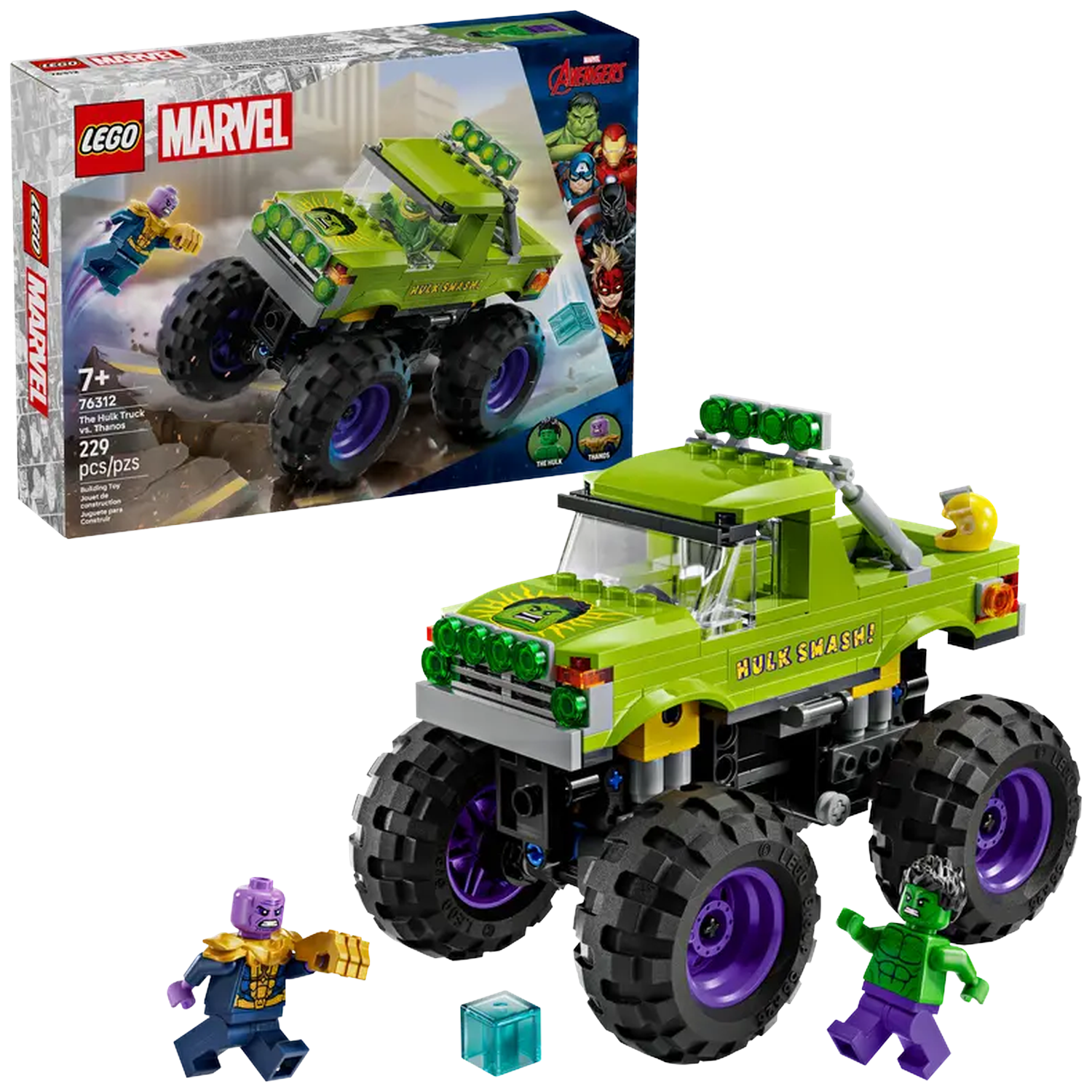 LEGO Marvel set features a green Hulk truck, Thanos and Hulk figures, and a box with the truck image. The truck says 'Hulk Smash!'
