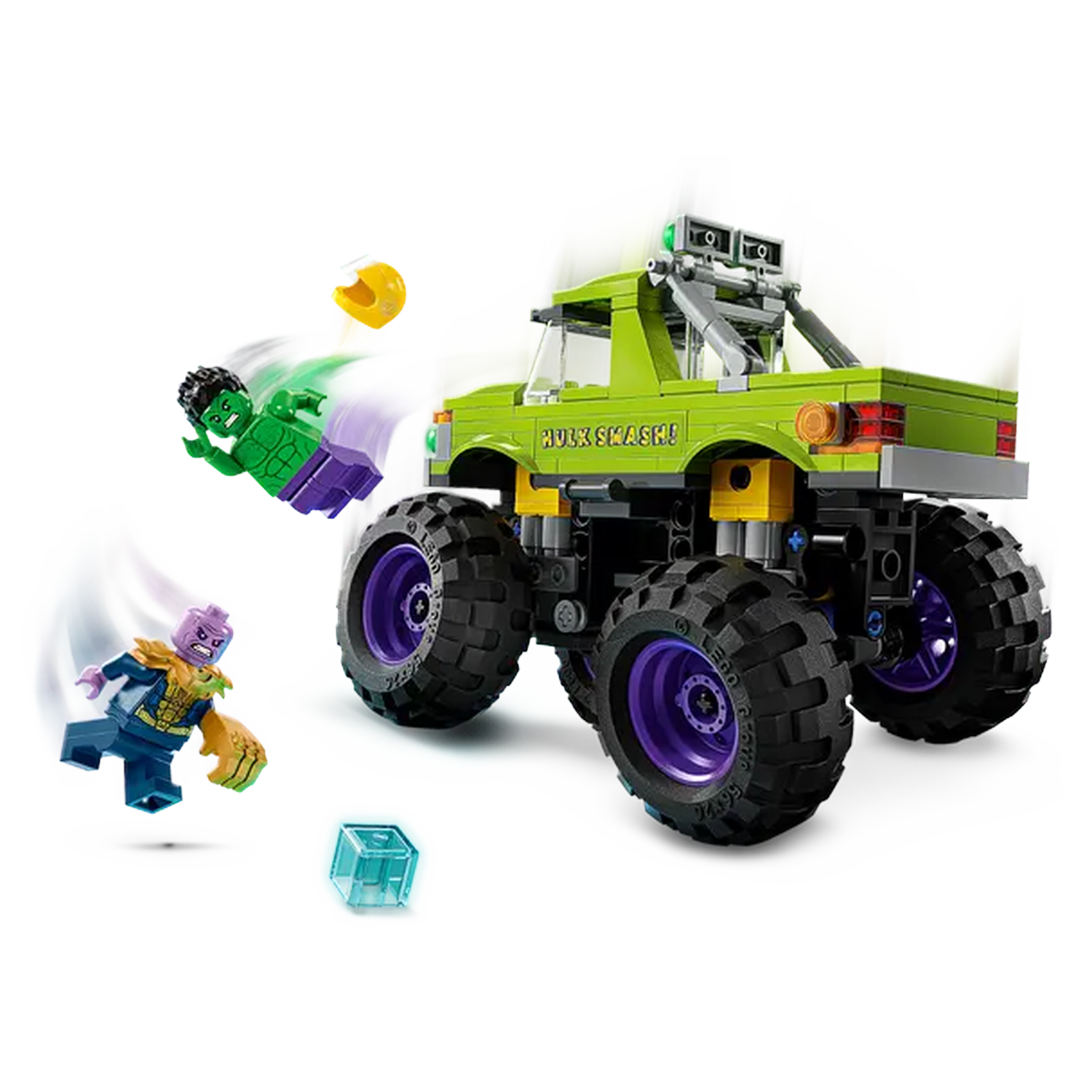 Lego set: Hulk truck smashing Thanos and Hulk figures. The truck is green with black wheels and purple rims.