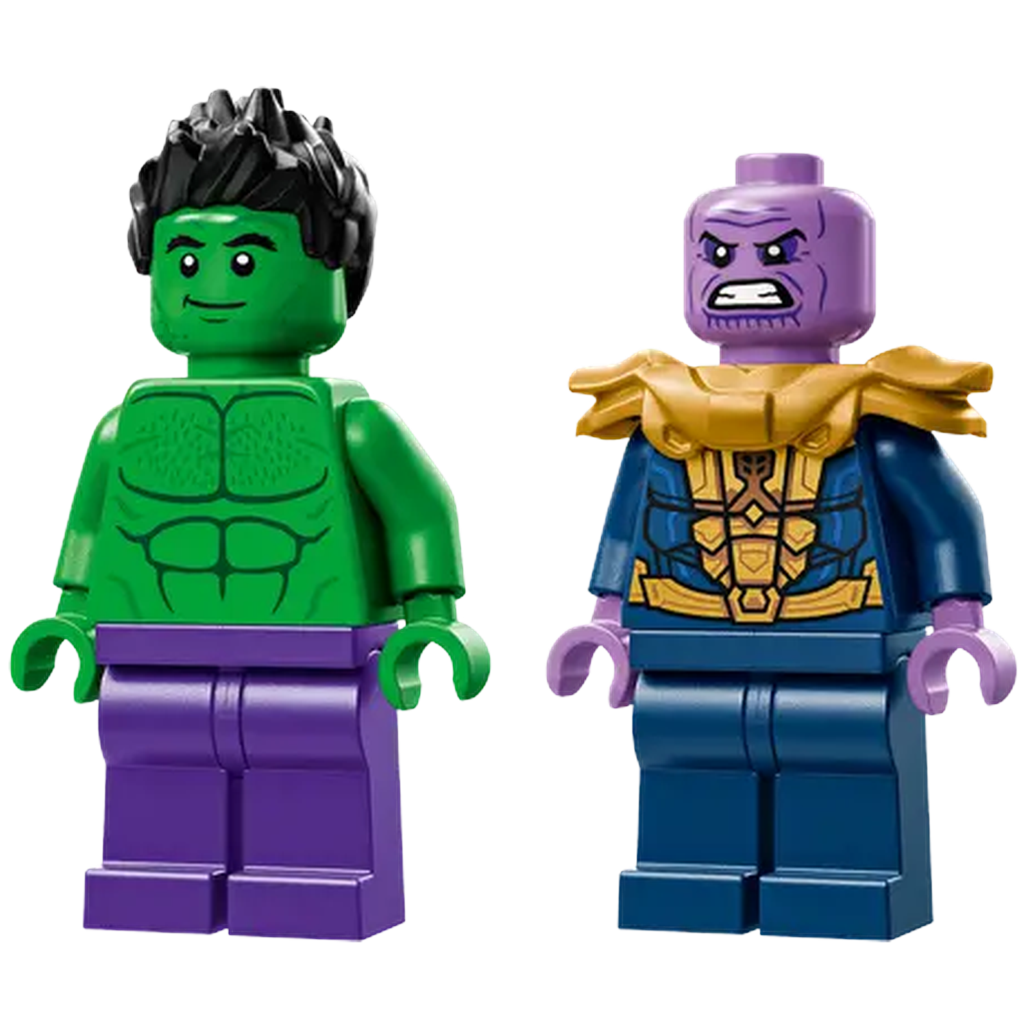 Two Lego figures: Hulk (green skin, black hair, purple pants) and Thanos (purple skin, angry face, blue outfit).