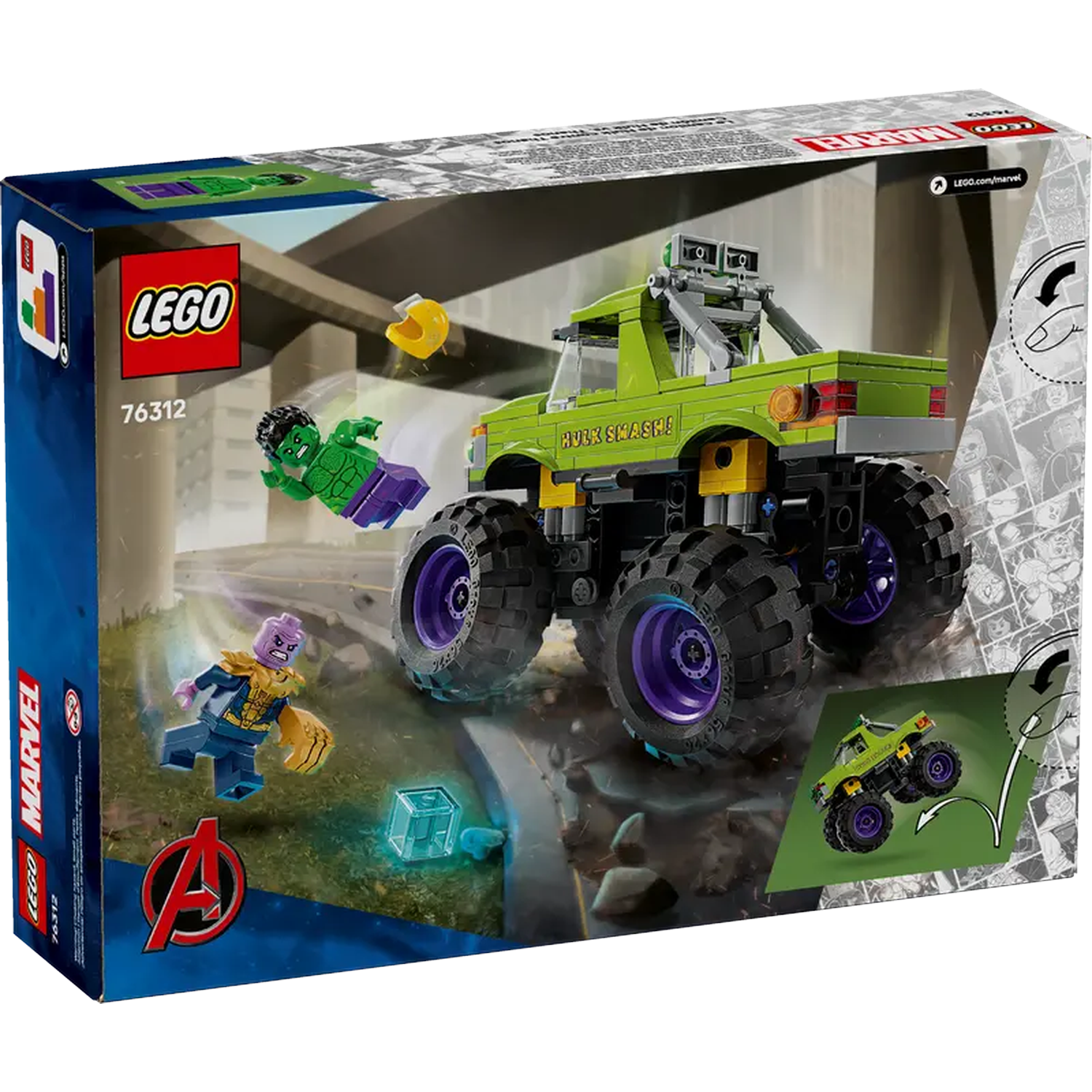 Lego box set featuring a green monster truck with purple wheels, Hulk, Thanos, and other Lego figures. The box is Marvel-themed.